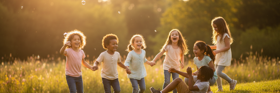 Children playing happily in an open field